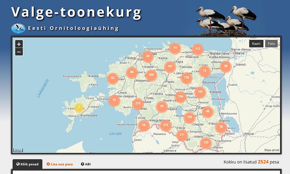 Seisuga 06.05.2017 oli kaardile kantud 2524 valge-toonekure pesa andmed.