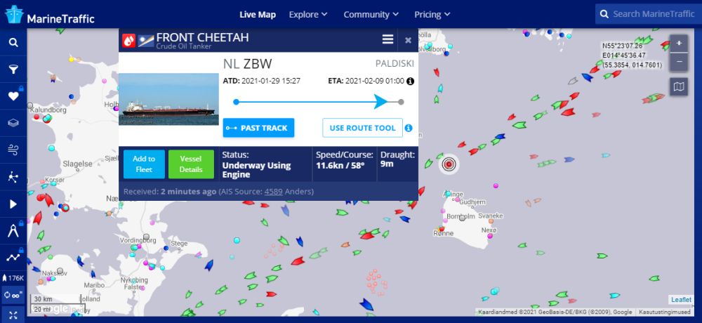 Toornaftatankeri „FRONT CHEETAH“ asukoht. Marinetraffic.com 18:51 07.