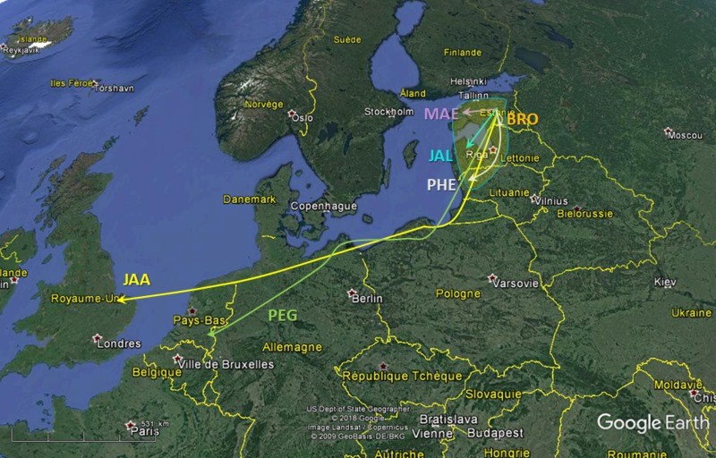 Rändekaart 8. novembril 2019. Nagu näha, on Jaanus jõudnud Inglismaale, Pegase tema kiiluvees Belgiasse. Kaardile joonistatud polügoon aga näitab koguni 7 satelliitnepi liikumisi, keda 2–3 päeva pikkune külmalaine siiski kulmu suurt kergitama veel ei pannud.