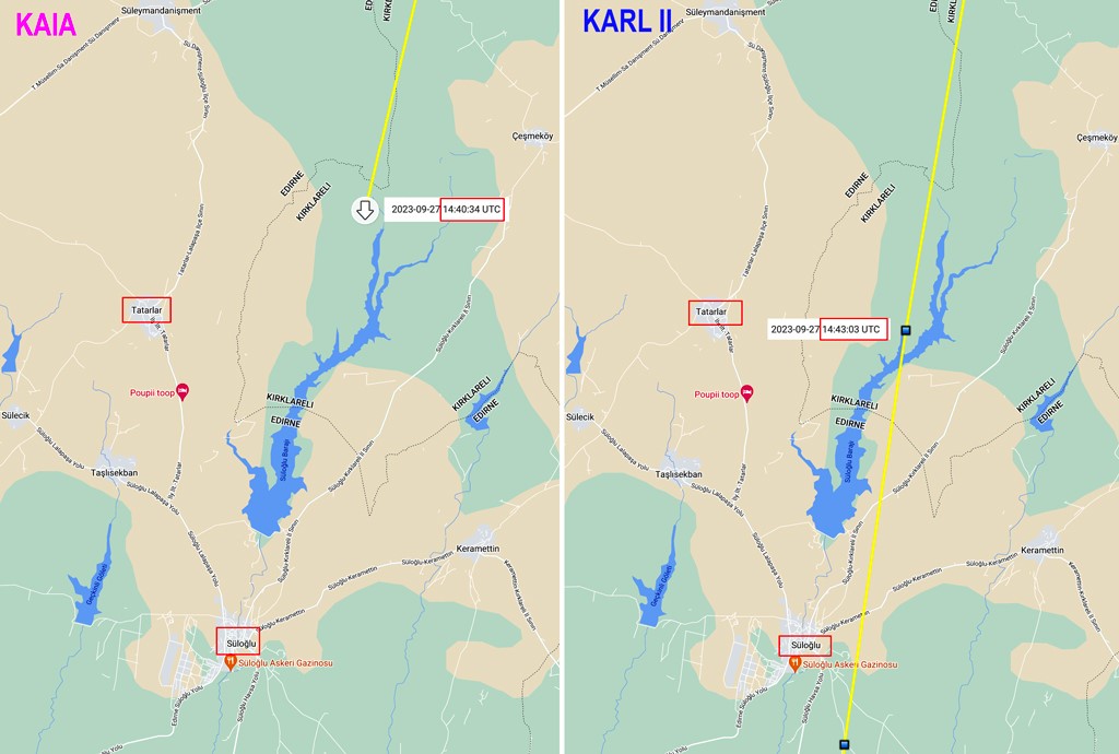 Kaia ja Karli asukohad 27.septembril ehk must-toonekure paar lendab samal lennujoonel