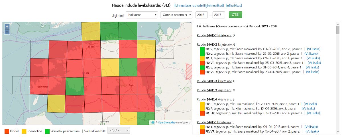 Hallvarese levikukaart eElurikkuse andmebaasis seisuga 11.06.2017