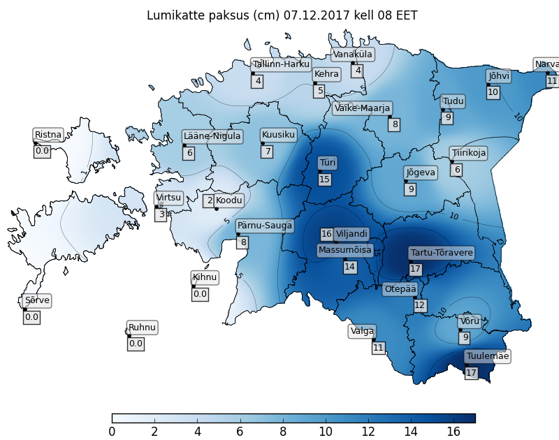 Ilmateenistuse tänahommikune lumekaart.