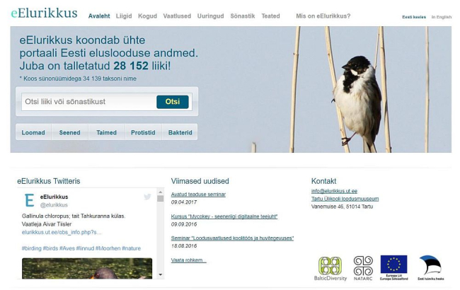 eElurikkuse andmebaasi avaleht