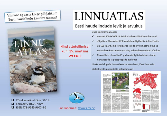 Uue Eesti linnuatlase ettetellimine kestab15. märtsini