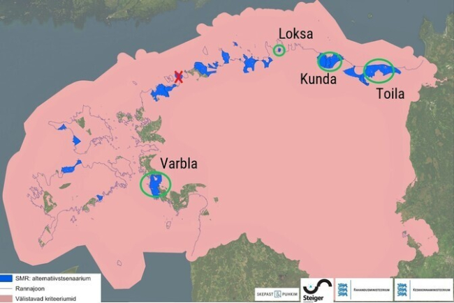Ruumianalüüsi tulemused kaardil: välistatud on Pakri poolsaar, võimalikud asukohad on Loksa, Kunda, Toila ja Varbla. Autor/allikas: rahandusministeerium
